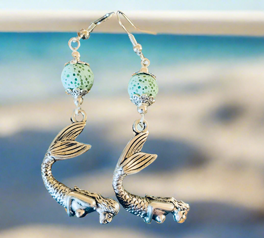 Mermaid Charm Earrings with Lava Rock Beads