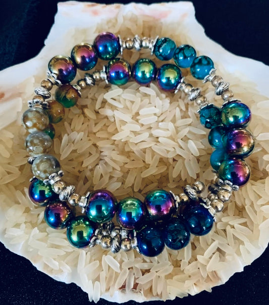 Memory Wire Wraparound Bracelet: Alcohol Ink/Rainbow Hematite Beads