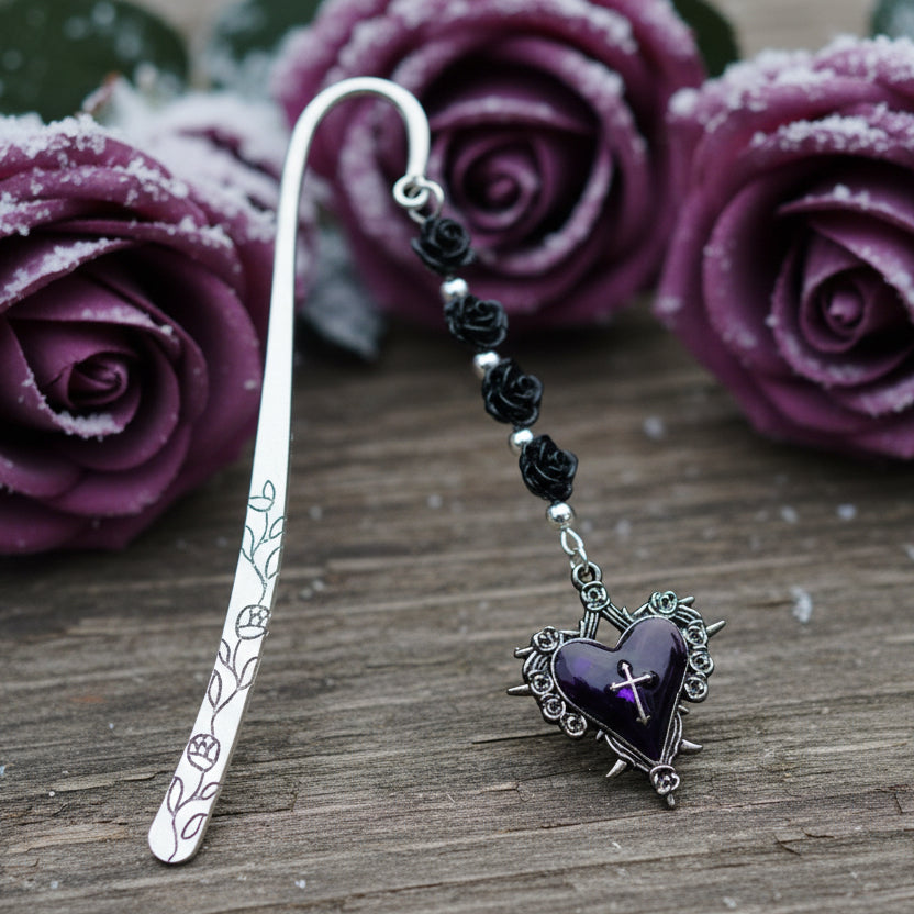 Stainless Steel Bookmark with Black Flowers & Eggplant Purple Pendant