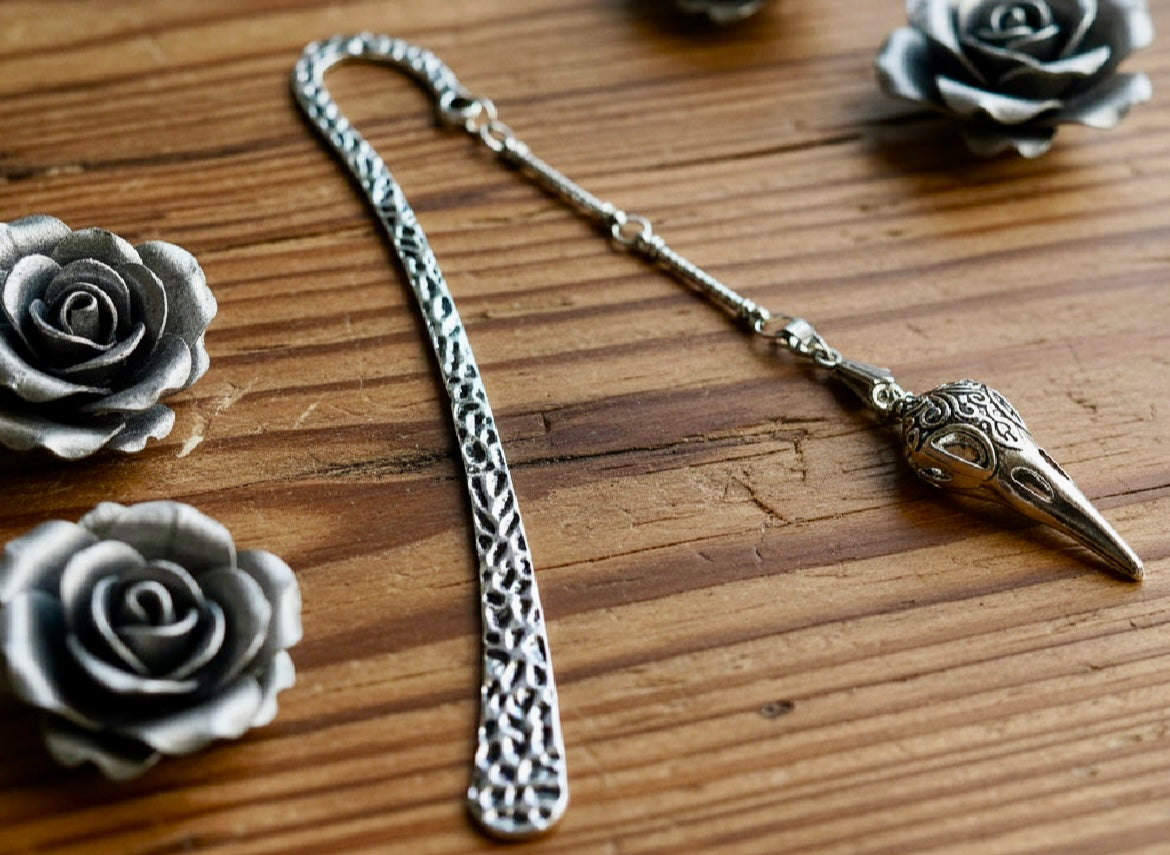 Stainless Steel Patterned Bookmark with Raven Skull Charm