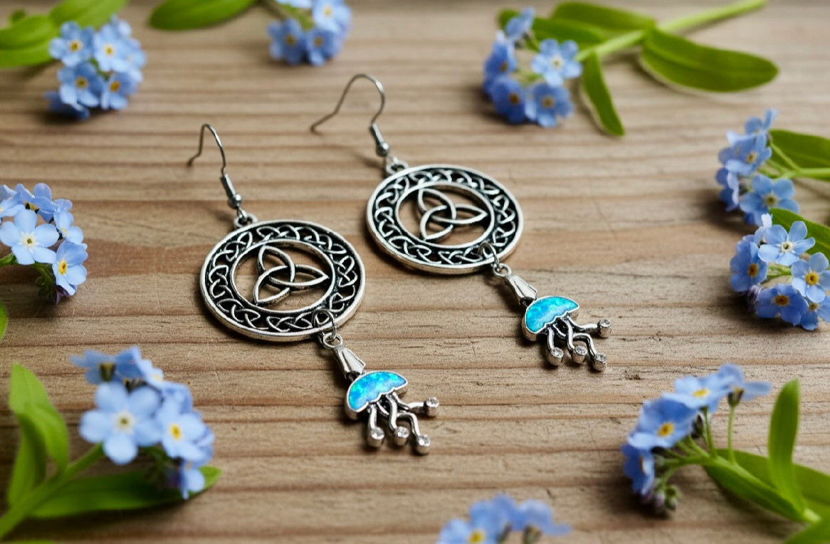 Celtic-Inspired Tin Alloy Earrings with ocean Blue jellyfish Charms