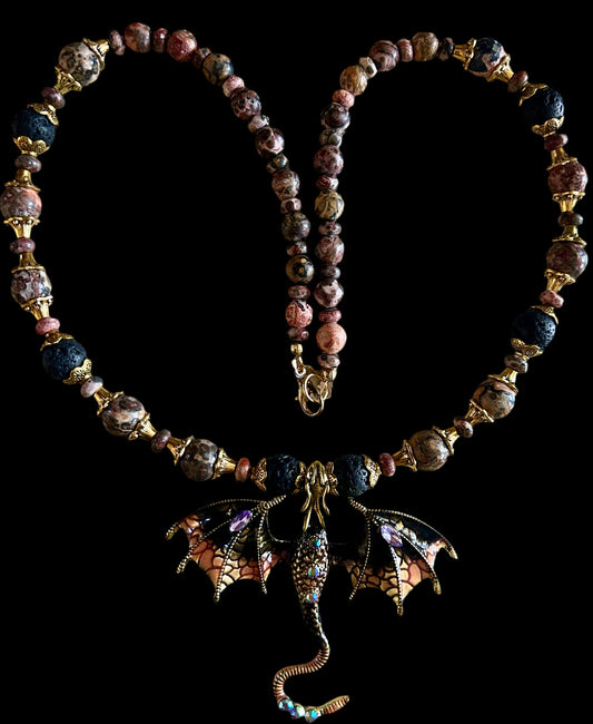Enameled Peach/Black Dragon Pendant with Crazy Lace Agate/Lava Rock Beads