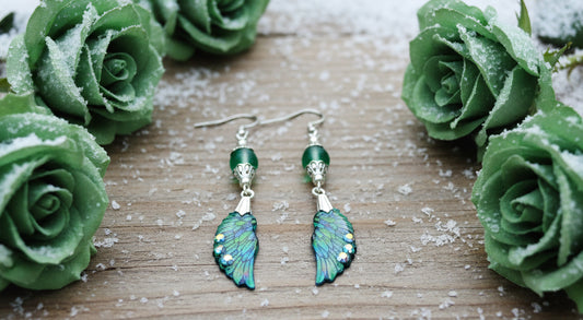 Acrylic Butterfly Wing Earrings with Green Mermaid Glass Beads