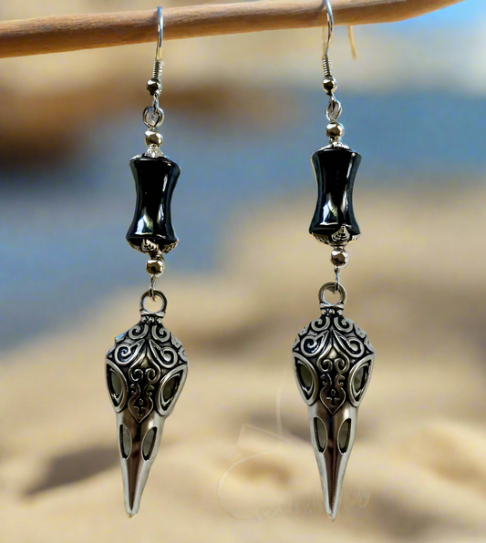 Magnetized Hematite/Raven Skull Charm Earrings