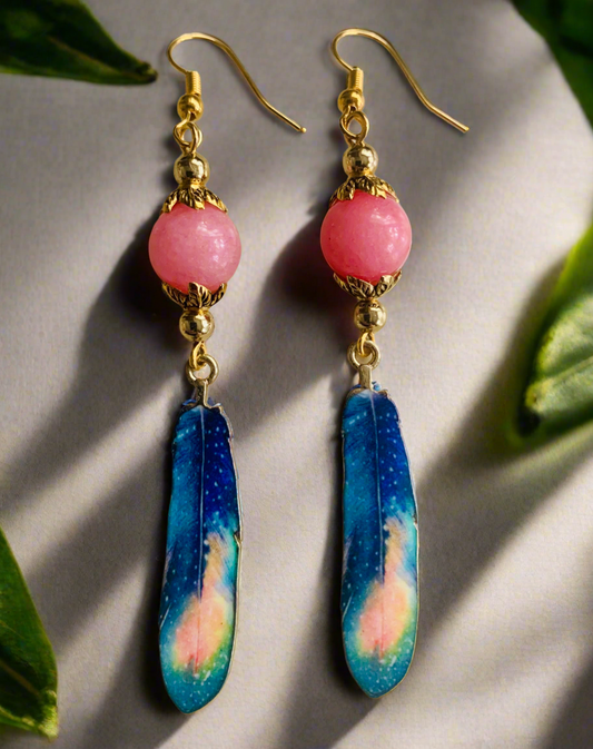 Enameled Feather Earrings with Dyed Jasper Beads