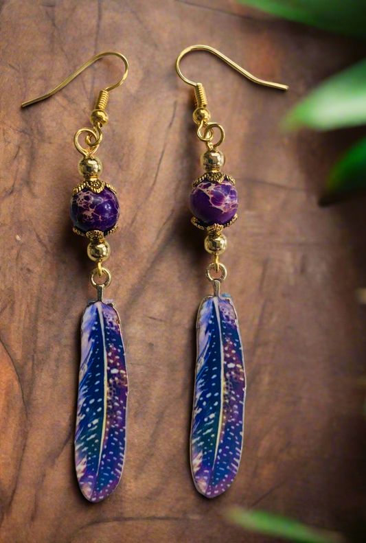 Enameled/Brass Feather with Crackled Glass Beads