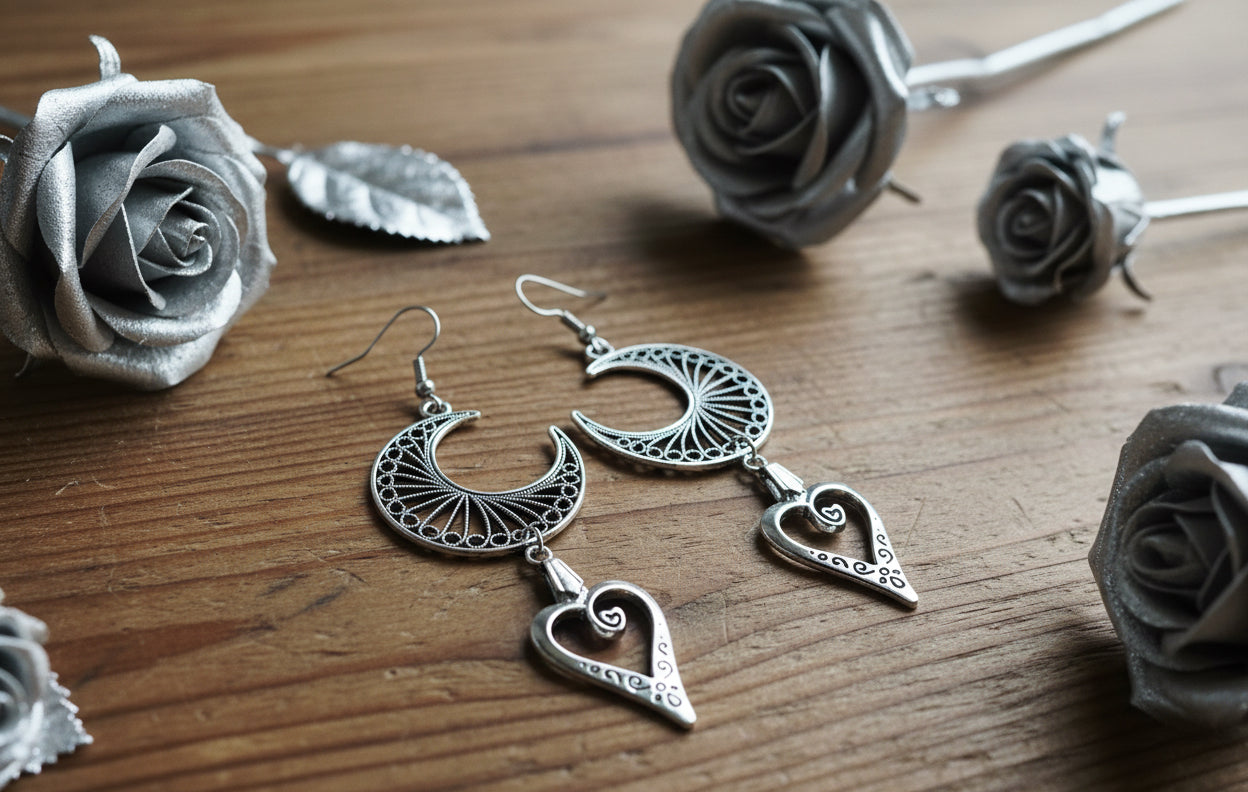 Vintage-Inspired Crescent Moon Earrings with Heart Charms