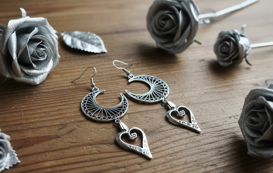 Vintage-Inspired Crescent Moon Earrings with Heart Charms