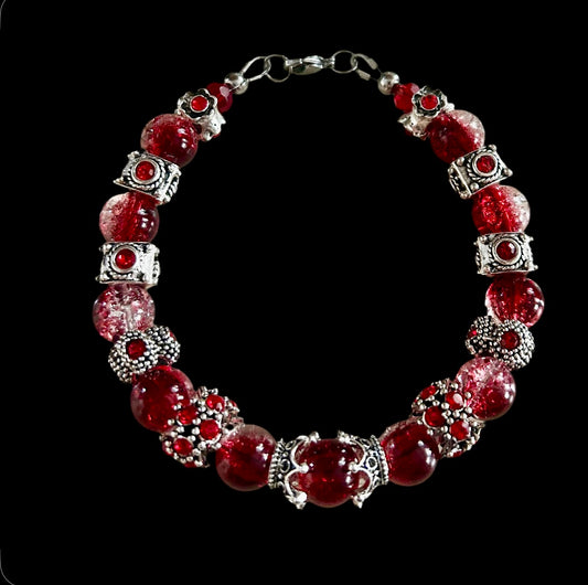 Tibetan Silver/Rhinestone Spacers with Red Crackle Glass Bead Bracelet
