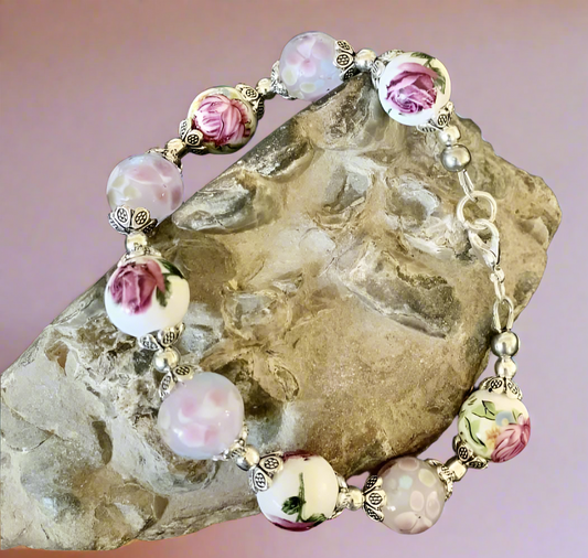 Floral Ceramic & Lampwork Glass Bead Bracelet