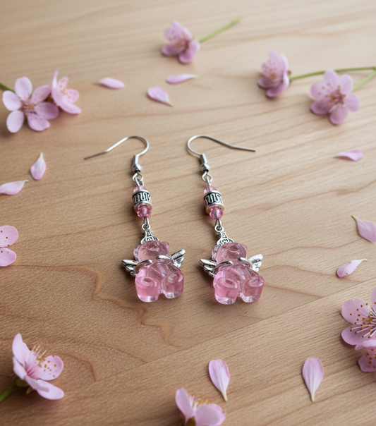 Ocean Blue Pink Glass Bear Earrings