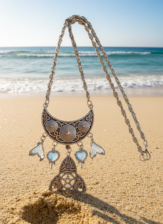 Patterned Crescent Moon/Pagan-Inspired Pendant/Blue Ocean Rhinestone Charm Necklace