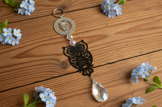 Stainless Steel Owl SunCatcher with Teardrop Crystal Prism