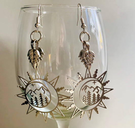 Sun/Evergreen Trees/Mountain Charm Earrings