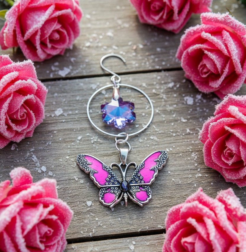 Pink/Purple Enameled Tin Alloy Butterfly Ornament with Light-Reflecting Snowflake Prism