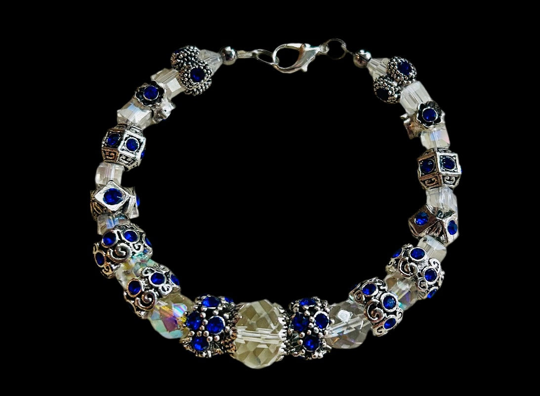 Alloy/Cobalt Blue Rhinestone Spacer Bracelet With Vintage Crystal Beads
