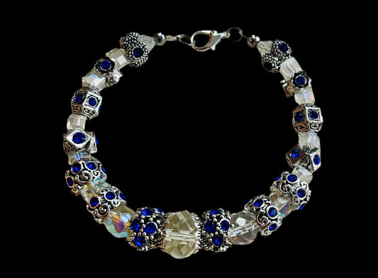 Alloy/Cobalt Blue Rhinestone Spacer Bracelet With Vintage Crystal Beads