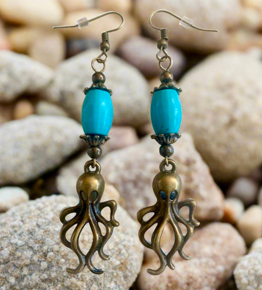 Turquoise Stone Bead/Bronze Octopus Charm Earrings