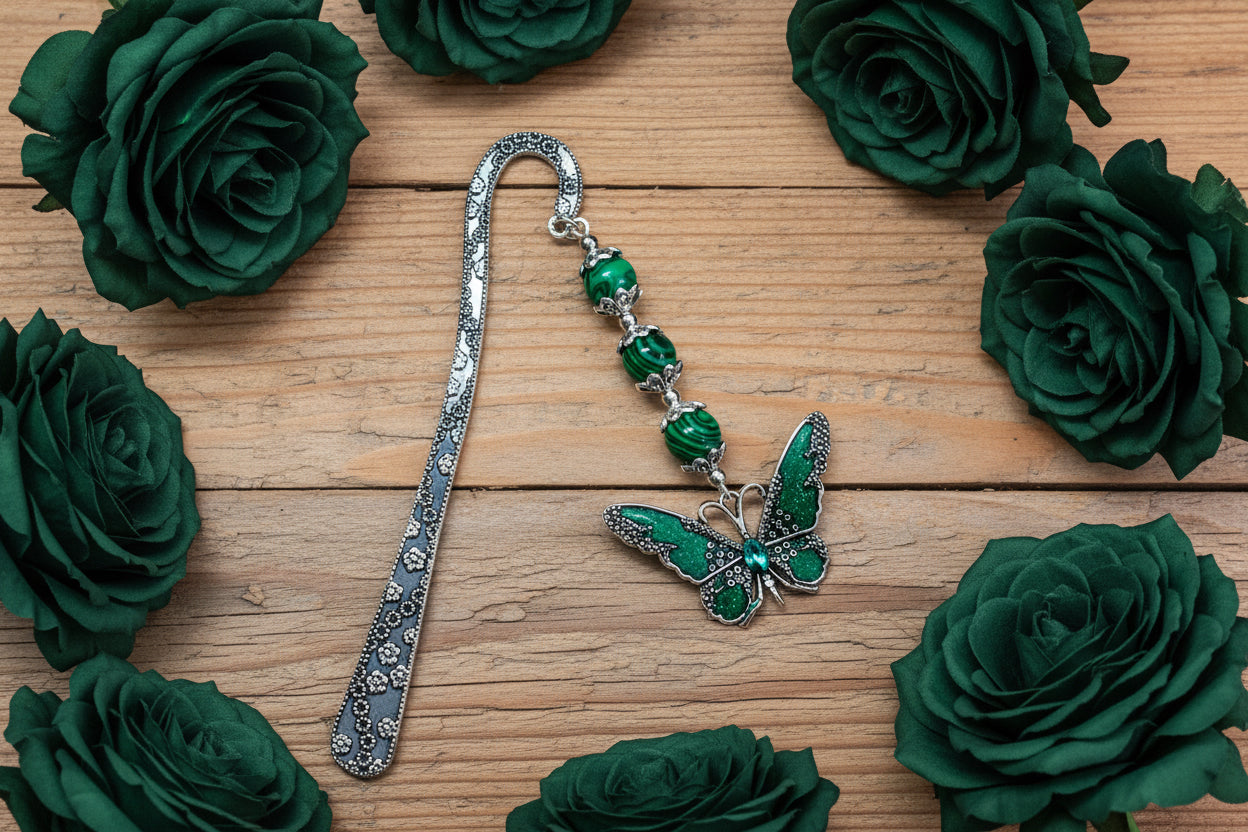 Bookmark with Enameled Butterfly Pendant with Malachite Gemstone Beads