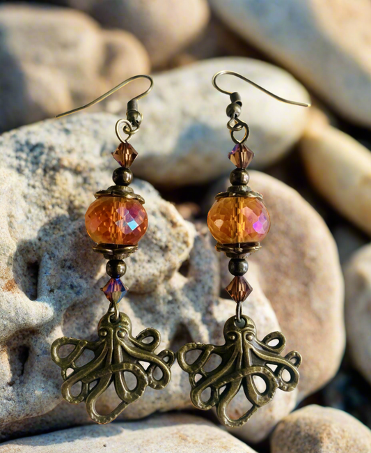 Antiqued Bronze Octopus Charm Earrings with Czech Crystal/Swarovski Crystals