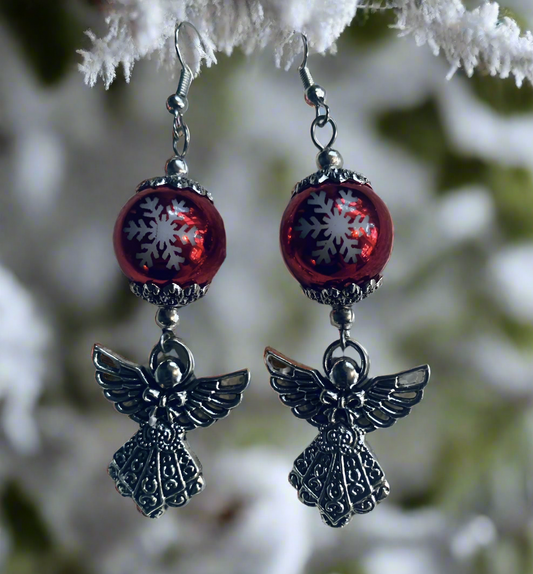 Red Acrylic Bead/Angel Charm Earrings