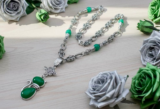 Malachite Gemstone Cat Pendant/Bead Necklace