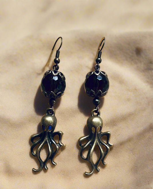 Antiqued Bronze Octopus Charm Earrings