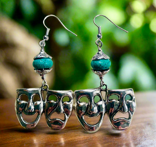 Tragedy/Comedy Mask Earrings with Turquoise Beads