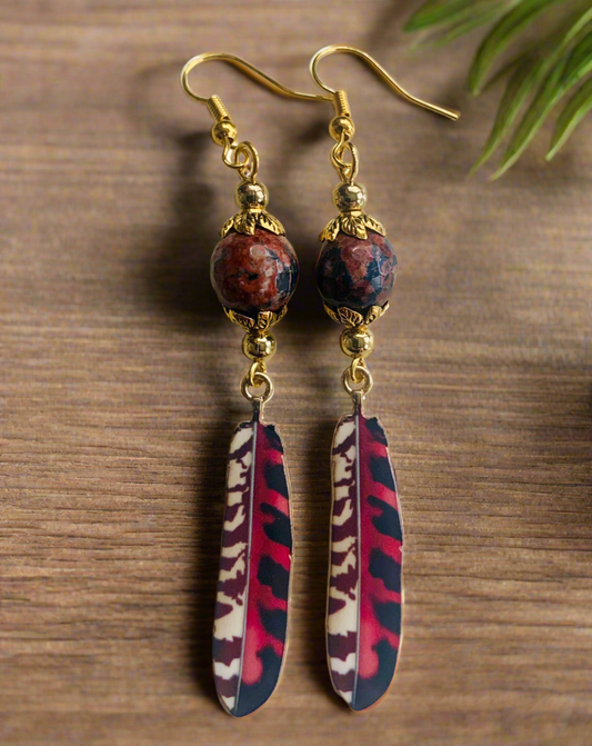 Enameled/Brass Feather Earrings with Lacy Agate Gemstone Beads