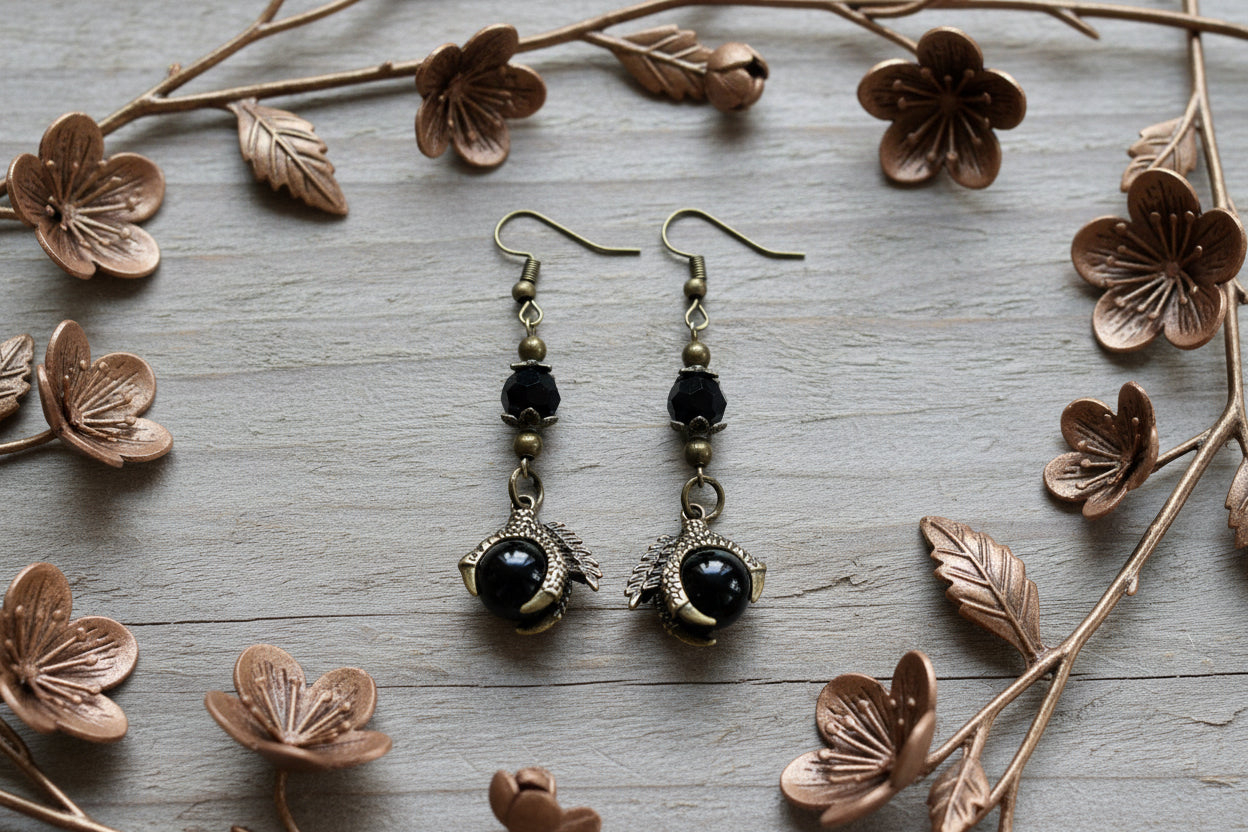 Antiqued Bronze Claw/Black Glass Ball Charm Earrings