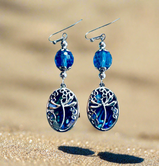 Steel Dragonfly/Abalone Drop Earrings with Czech Crystal Beads