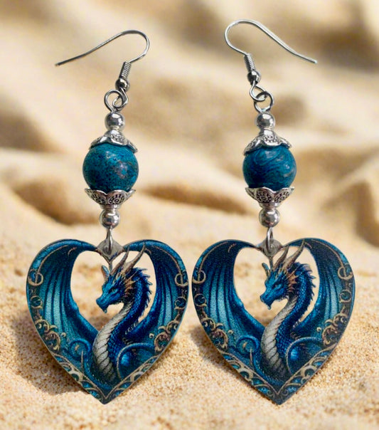 Blue Sky Jasper/Acrylic Heart Dragon Earrings