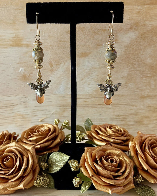 Bumblebee Charm Earrings with Crazy Lace Agate Beads