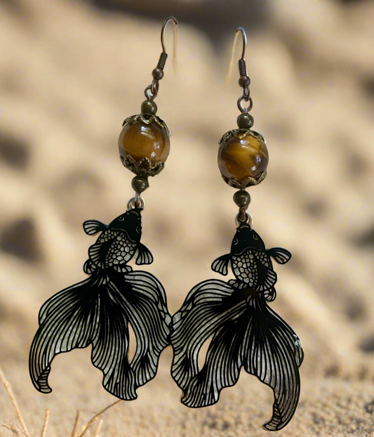 Tigereye Gemstone/Koi Charm Earrings