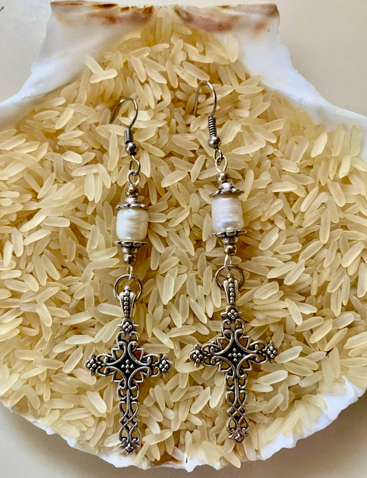 Pewter Cross/Freshwater Pearl Earrings