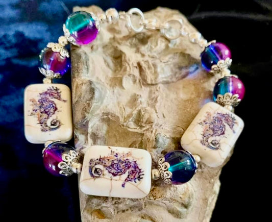 Ceramic Seahorse/Multicolored Bead Bracelet