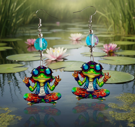 Groovy Acrylic Frog Earrings with Bermuda Blue Mermaid Glass Beads