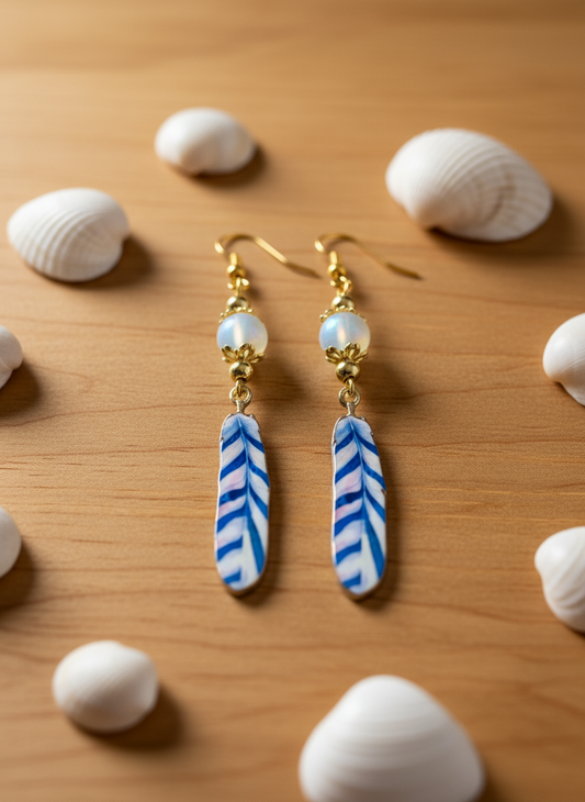 Enameled/Brass Feather Earrings with Sea Opal Mermaid Glass Beads