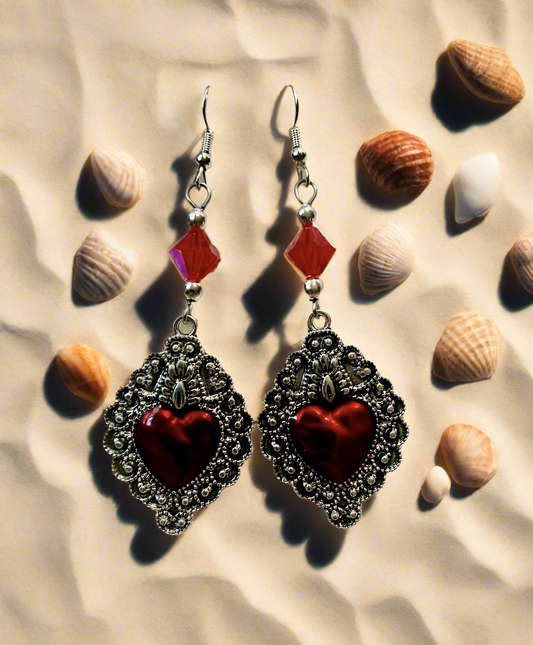 Ornate Enameled Heart Earrings