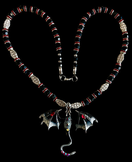 Black/Dove Grey Enameled Alloy Dragon Pendant Necklace