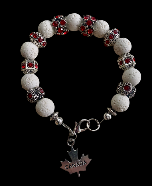 White Lava Rock/Tin Alloy with Red Rhinestone Spacers/Maple Leaf Charm Bracelet