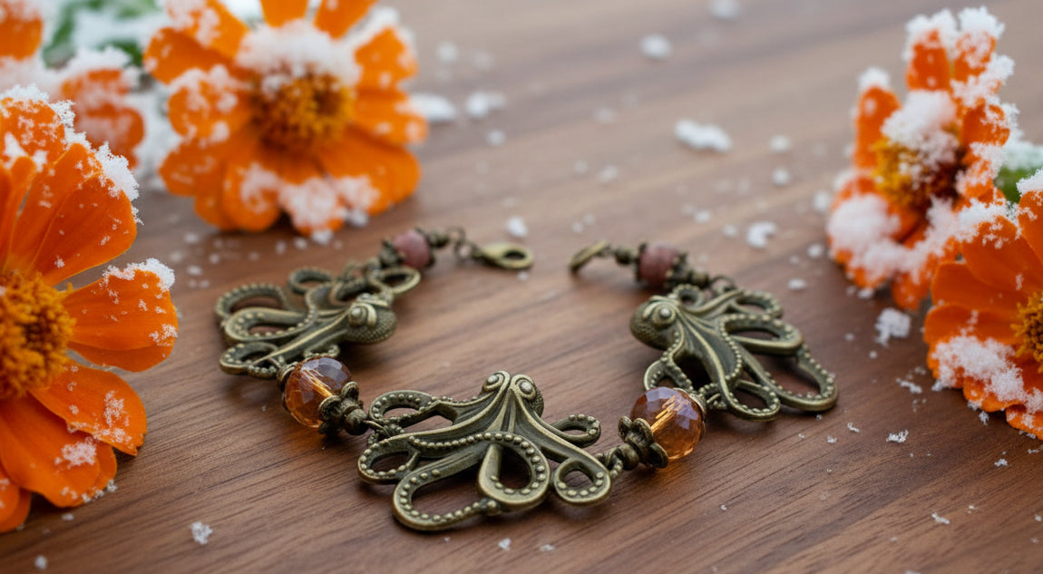 Antiqued Bronze Octopus Connector Bracelet. Czech Crystal & Crazy Lacy Agate Stone Beads.