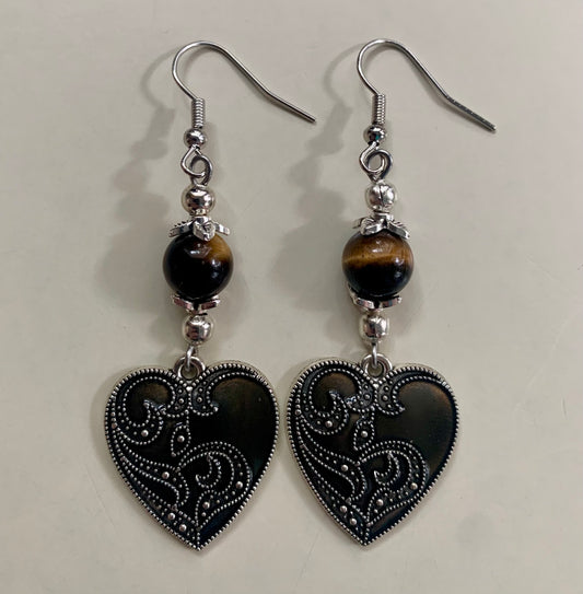 Tigereye Gemstone/Lacy Enameled Heart Drop Earrings