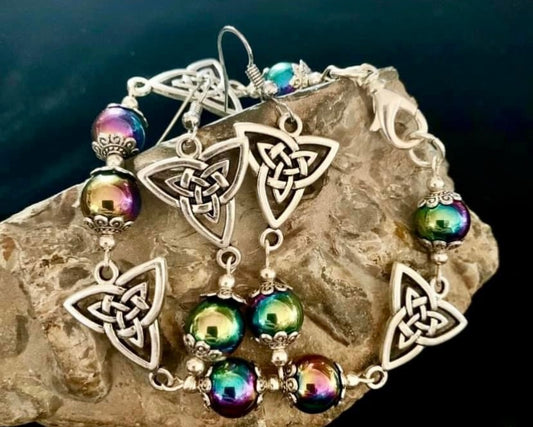 Rainbow Hematite/Celtic Symbol Bracelet & Earring Set