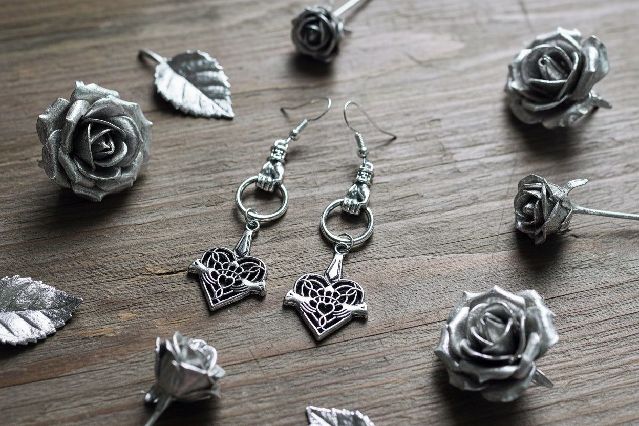 Claddagh Charm Earrings with Hand/Ring Connectors