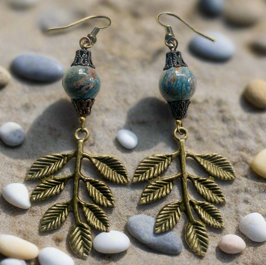 Antiqued Leaf/Blue Sky Jasper Bead Earrings