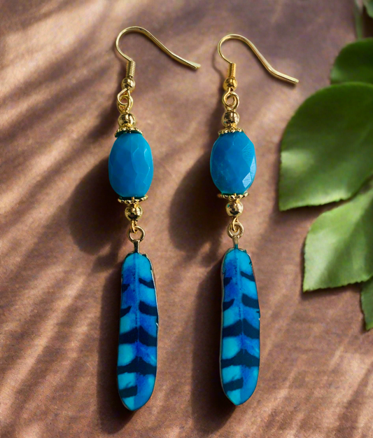Enameled/Brass Feather Earrings with Turquoise Beads