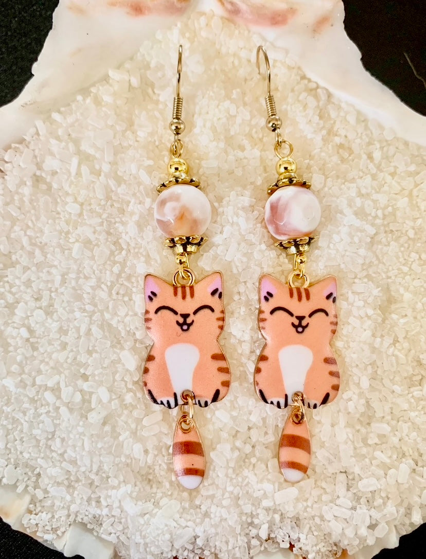 Salmon/White Wiggly Tailed Cat Earrings