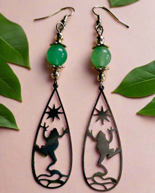 Tree-Frog Charm/Aventurine Gemstone Earrings