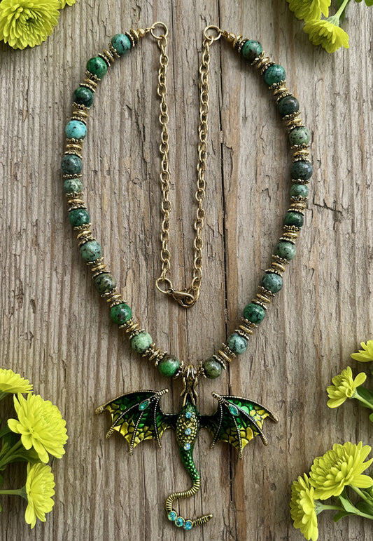 Dragon Pendant Necklace with Ruby Zoisite Gemstone Beads